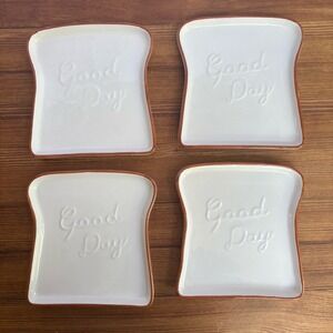 Set of 4 Good Day Ceramic Toast Shaped‎ Plates White Brown Breakfast Snack